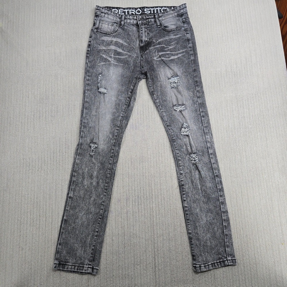 Retro Stitch Jeans Boys 18 Gray‎ Black Acid Wash Skinny Distressed Ripped